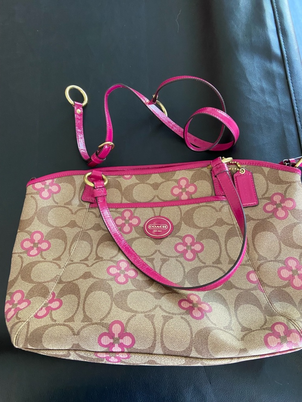 Coach Brown Signature Canvas Tote with Pink Trim - Picture 5 of 5